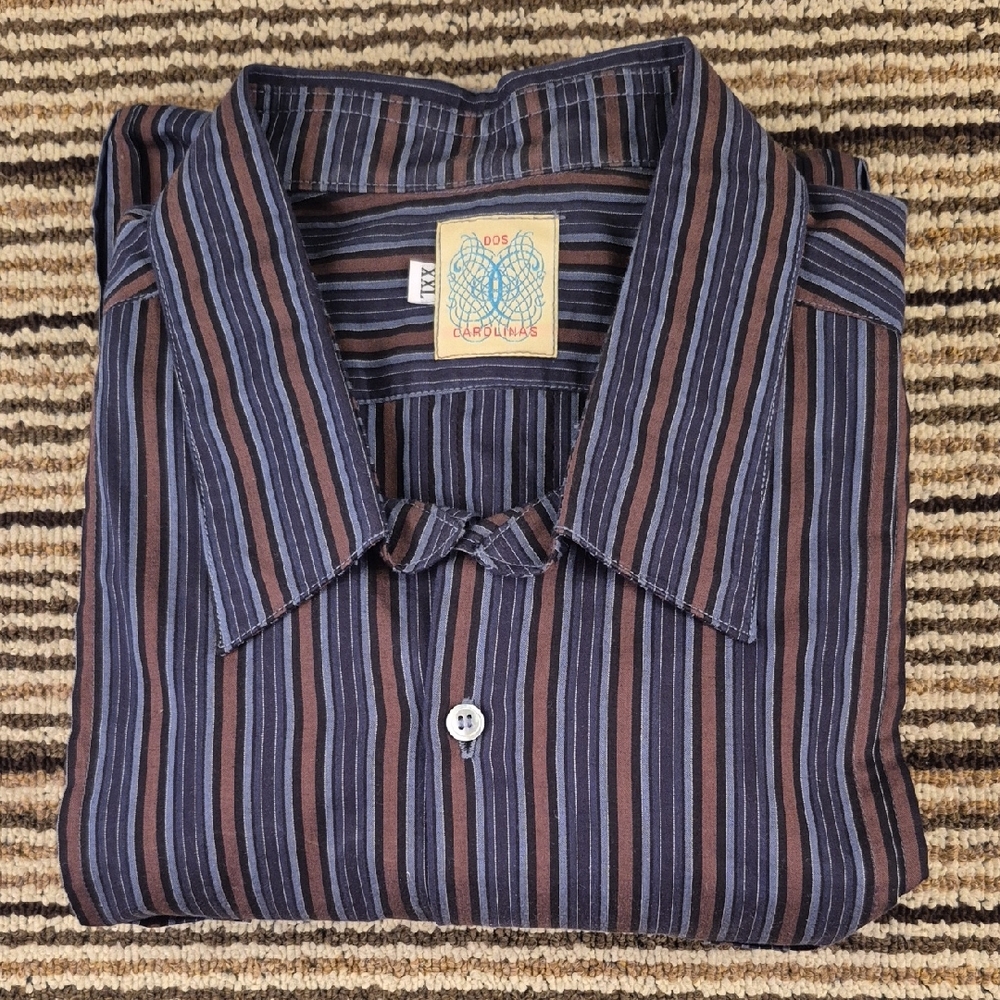 DOS CAROLINAS Guayberas Brown Navy Black Striped Mens XXL Long Sleeve Shirt RARE